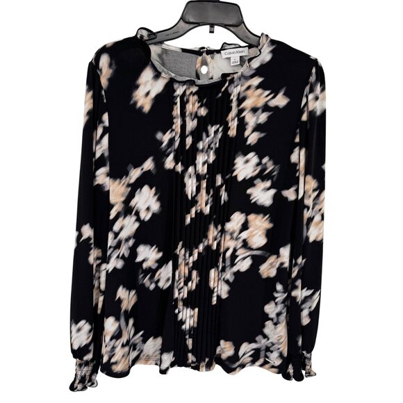 Calvin Klein Black Floral Blouse Pleated Long Sleeve knit Womens size Large - Picture 1 of 11
